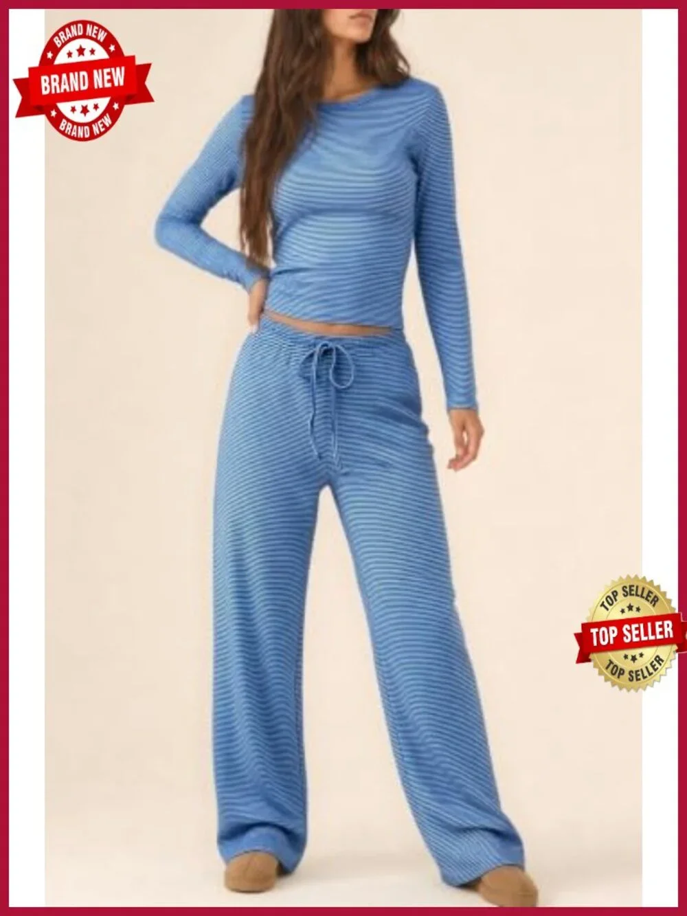 Women's 2 Piece Lounge Set - Long Sleeve Striped Pajamas - Cotton Drawstring